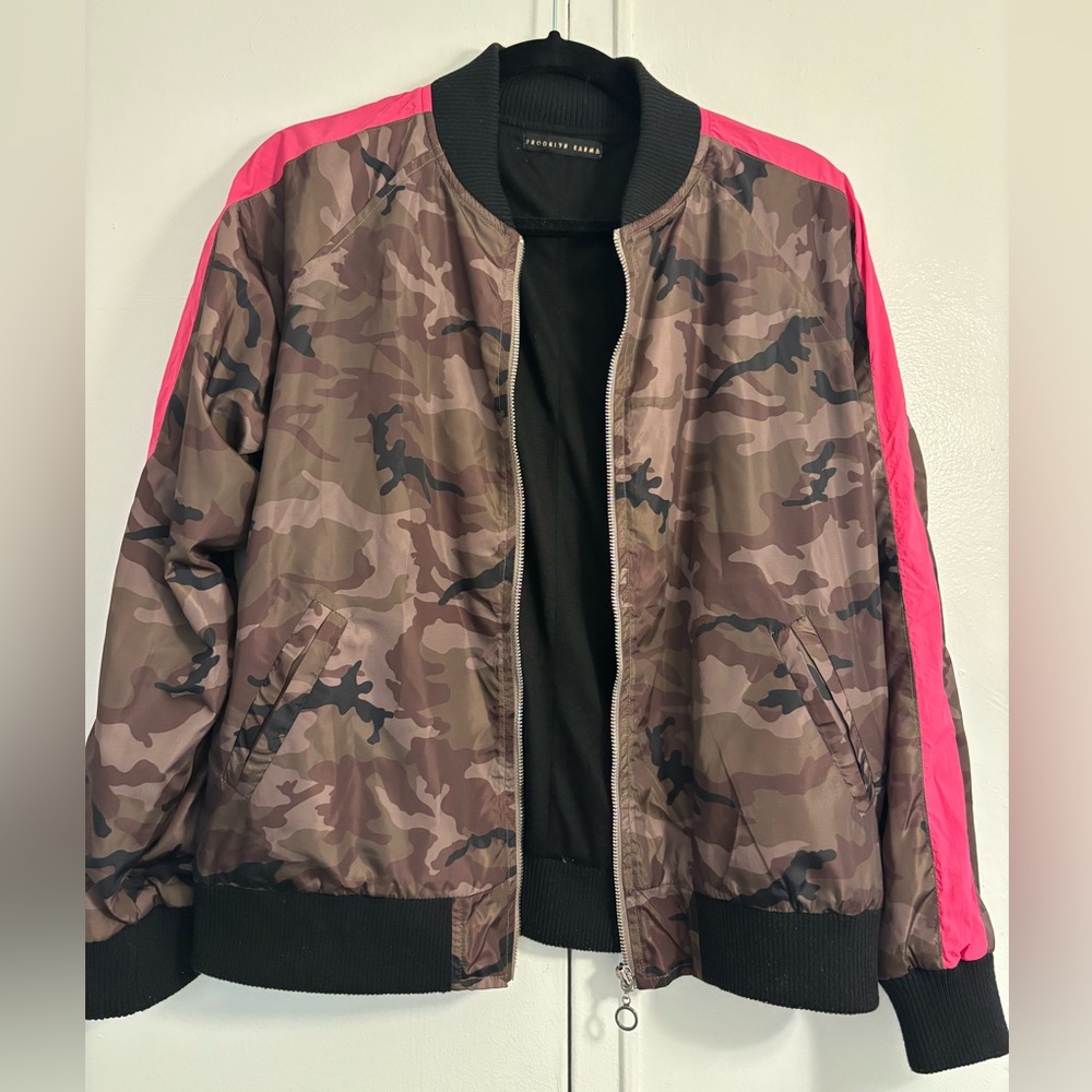 Brown and Pink Camouflage Bomber Jacket with Ribbed Trim